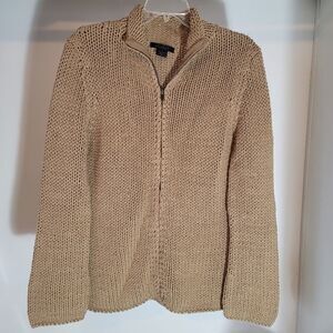 The Limited Womens Sz M Handknit Zip Front Sweater Wool Blend Tan Collared Work